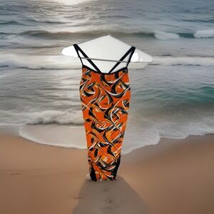 Dolfin‎ Swimsuit One Piece Racerback Cut Out Back Square Neck Geometric Size 38